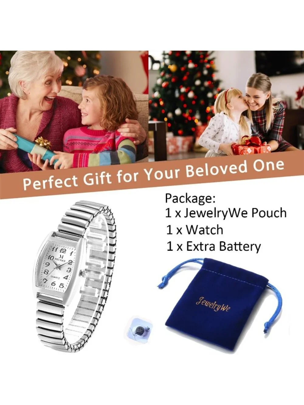Women's Silver White Analog Quartz Big Dial Easy Reader Stretch Band Wrist Watch